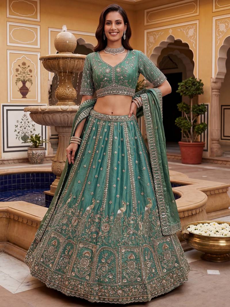 Beautiful Green Hand Embroidery Silk Lehenga Choli With Dupatta