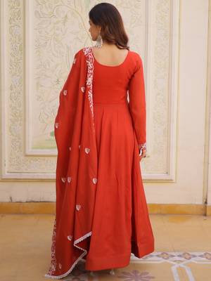 Sweet Rust Orange Bead Work Chanderi Wedding Wear Gown With Dupatta 7