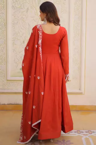 Sweet Rust Orange Bead Work Chanderi Wedding Wear Gown With Dupatta