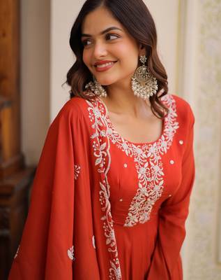 Sweet Rust Orange Bead Work Chanderi Wedding Wear Gown With Dupatta 8
