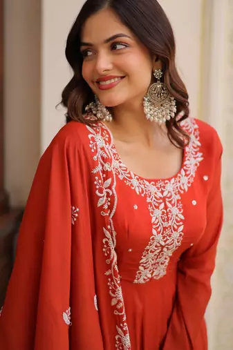 Sweet Rust Orange Bead Work Chanderi Wedding Wear Gown With Dupatta