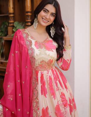 Beautiful Cream Floral Printed Silk Engagement Wear Anarkali Gown 7