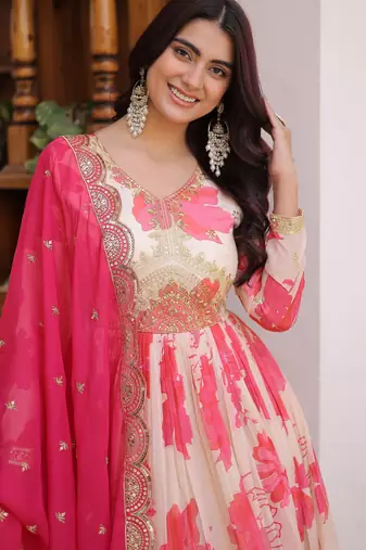 Beautiful Cream Floral Printed Silk Engagement Wear Anarkali Gown