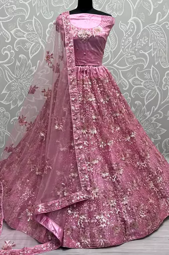 Captivating Pink Sequins Net Bridesmaid Lehenga Choli With Dupatta