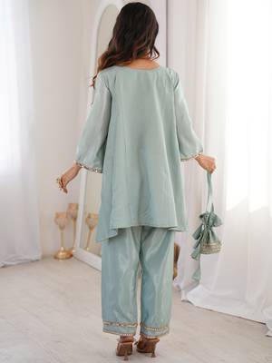 Gorgeous Sky Blue Mirror Work Silk Designer Pant Suit 6