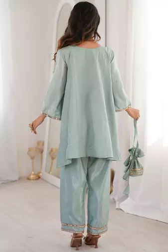 Gorgeous Sky Blue Mirror Work Silk Designer Pant Suit