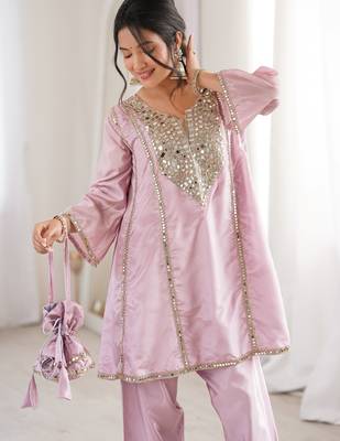 Stylish Pink Mirror Work Silk Festive Wear Pant Suit 7