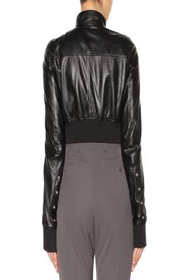 women's black leather stand collar zip up jacket 2