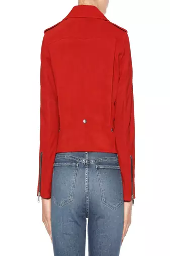 women's red suede leather biker jacket zip up