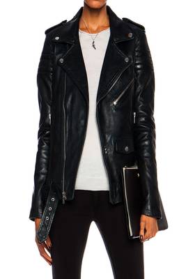 women's black lambskin leather belted biker jacket 1