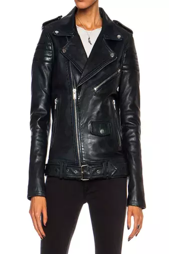 women's black lambskin leather belted biker jacket