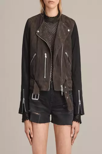 Women’s two-tone biker jacket  brown & black leather zip front style
