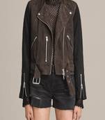 Women’s two-tone biker jacket  brown & black leather zip front style
