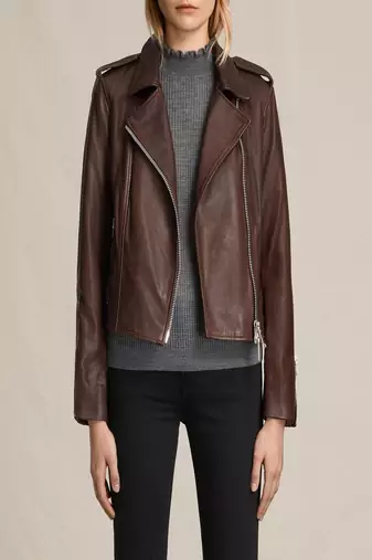 Women’s brown leather biker jacket asymmetrical zip slim fit style
