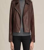 Women’s brown leather biker jacket asymmetrical zip slim fit style