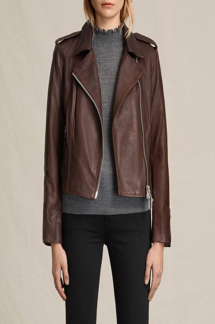 Women’s brown leather biker jacket asymmetrical zip slim fit style