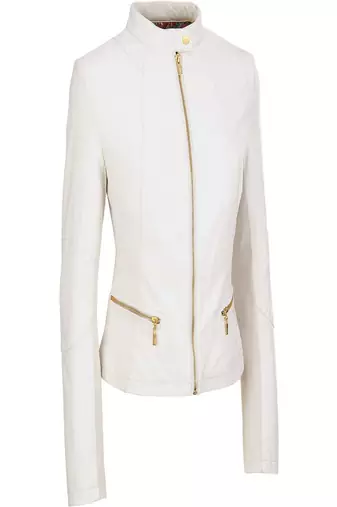 Women’s white lambskin leather jacket slim fit stand collar zip front style