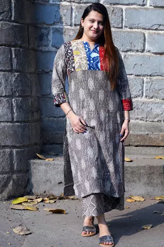 grey printed kurti with patchwork kurta set