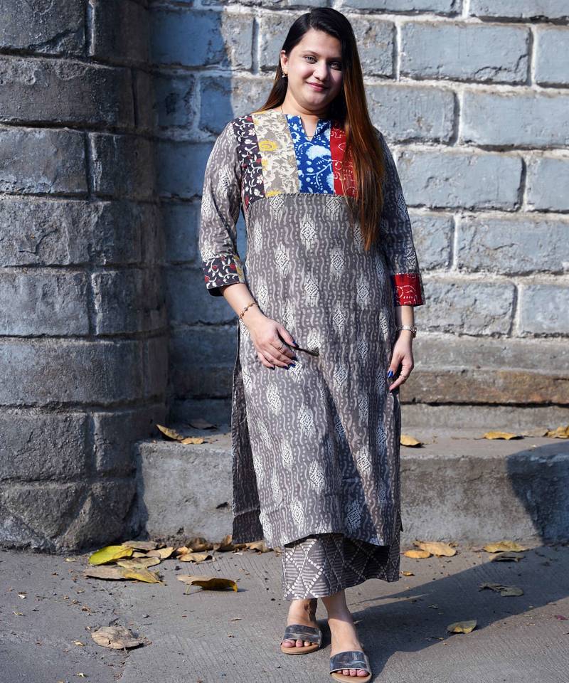 grey printed kurti with patchwork kurta set