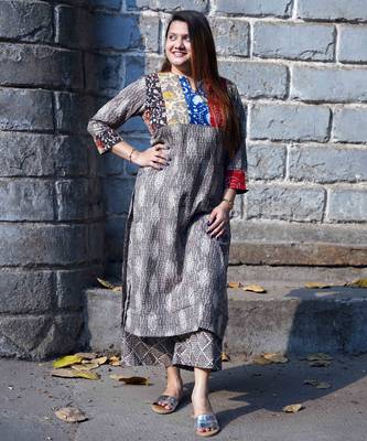 grey printed kurti with patchwork kurta set 3