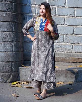 grey printed kurti with patchwork kurta set 4