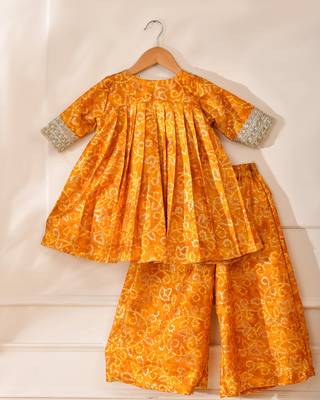 Yellow silk printed kurta with palazzo 2