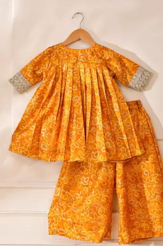 Yellow silk printed kurta with palazzo