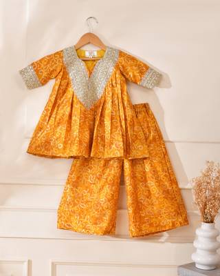 Yellow silk printed kurta with palazzo 3