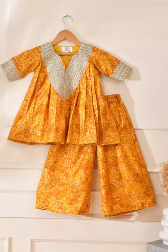 Yellow silk printed kurta with palazzo