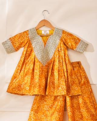 Yellow silk printed kurta with palazzo 4