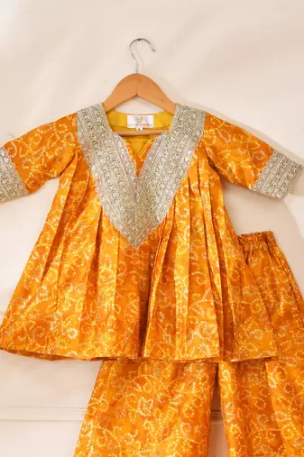 Yellow silk printed kurta with palazzo