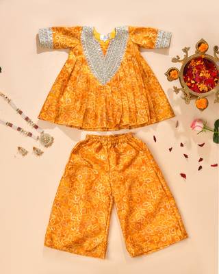 Yellow silk printed kurta with palazzo 1