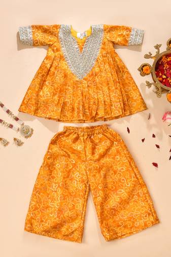 Yellow silk printed kurta with palazzo