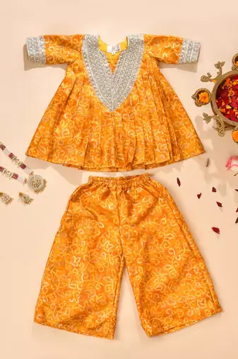 Yellow silk printed kurta with palazzo