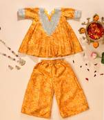 Yellow silk printed kurta with palazzo