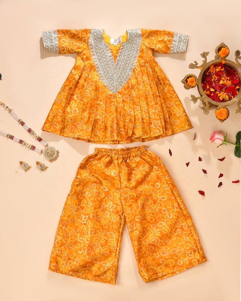 Yellow silk printed kurta with palazzo