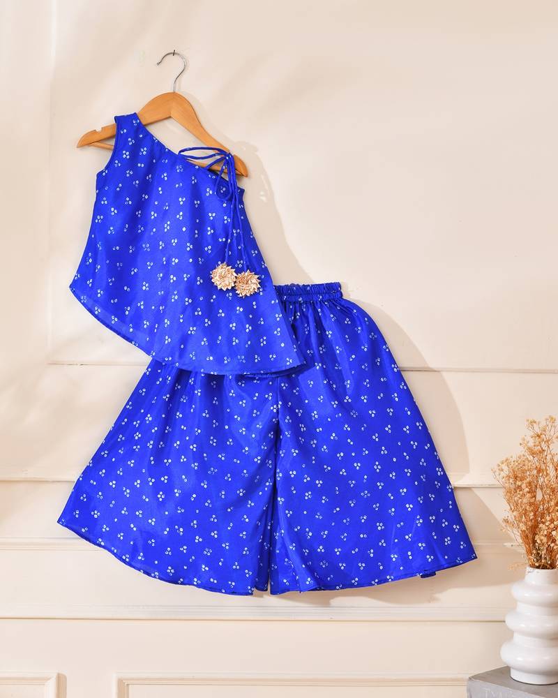 Blue silk printed top with palazzo