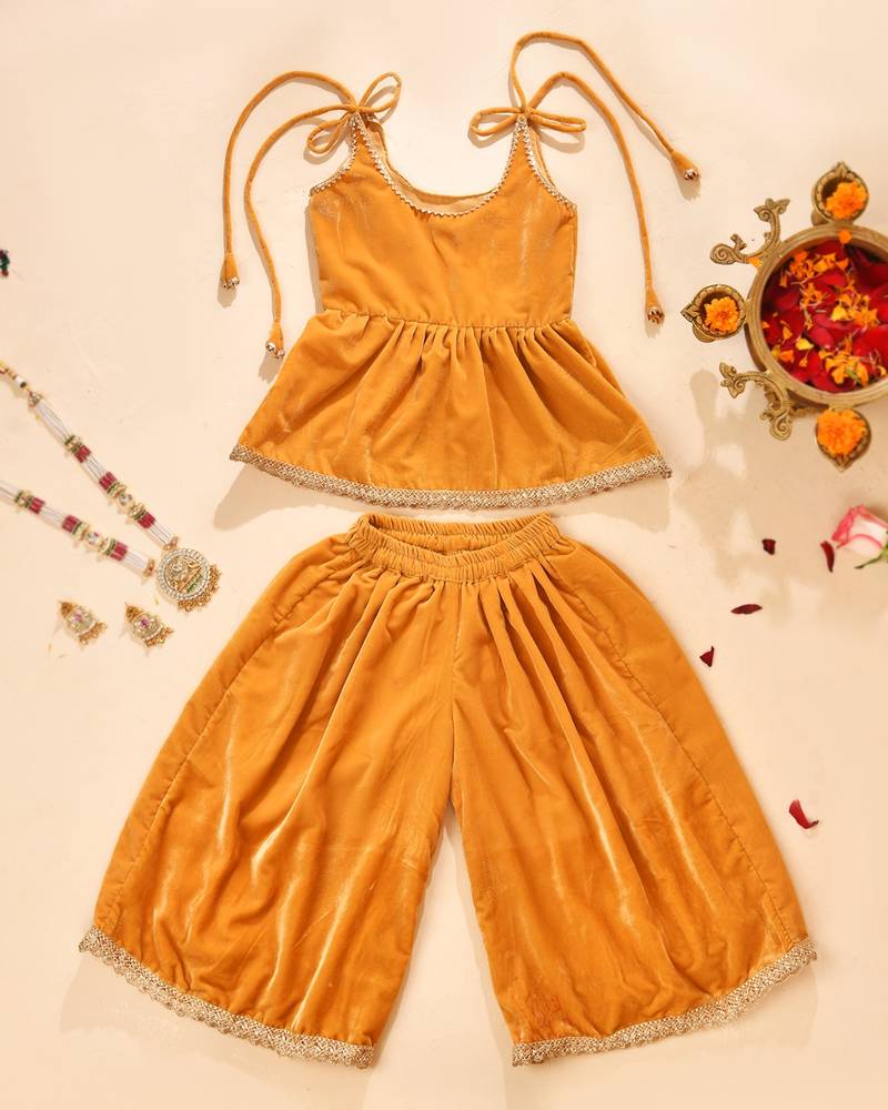 Yellow velvet solid peplum top with palazzo