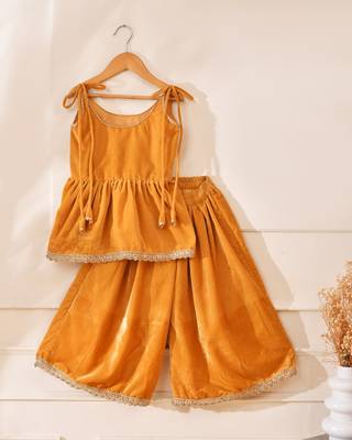 Yellow velvet solid peplum top with palazzo 2