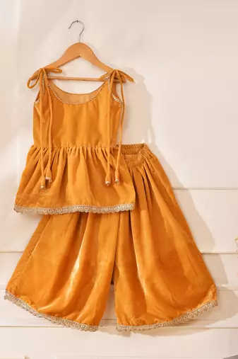 Yellow velvet solid peplum top with palazzo