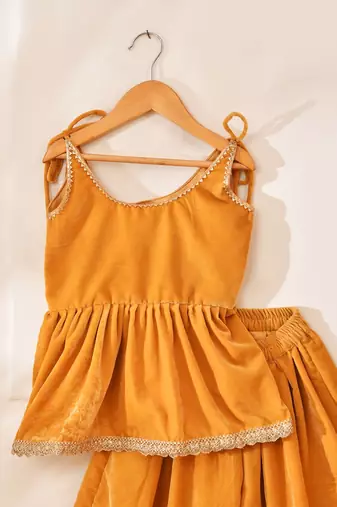 Yellow velvet solid peplum top with palazzo
