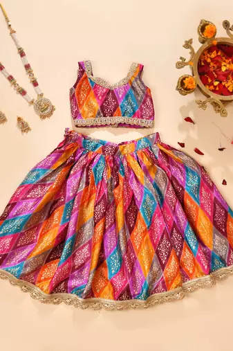 Multicolor silk printedtop with lehenga