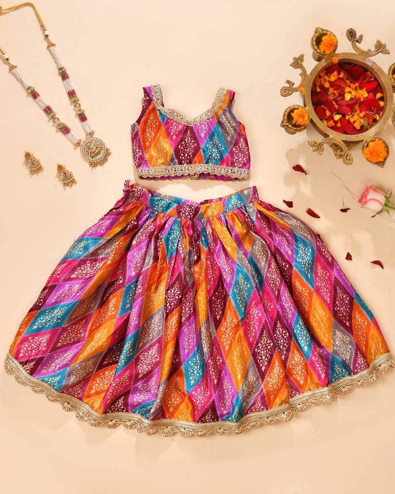 Multicolor silk printedtop with lehenga