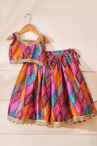 Multicolor silk printedtop with lehenga
