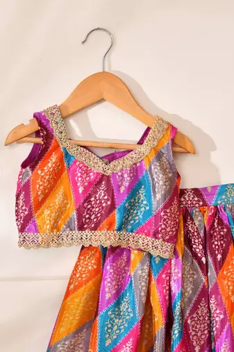 Multicolor silk printedtop with lehenga
