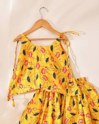 Yellow silk printedtop with lehenga 2