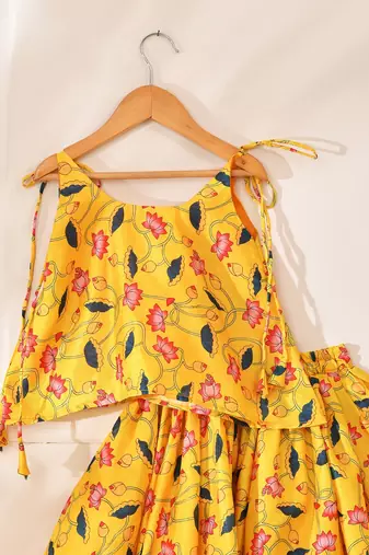 Yellow silk printedtop with lehenga
