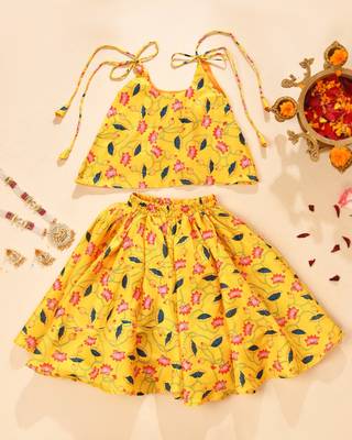 Yellow silk printedtop with lehenga 1