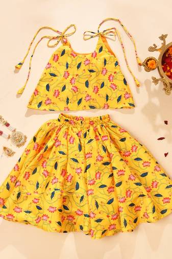 Yellow silk printedtop with lehenga