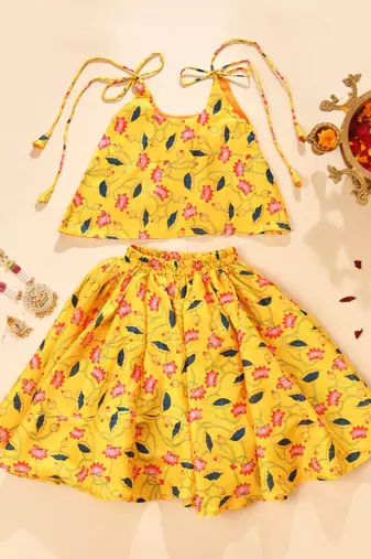 Yellow silk printedtop with lehenga